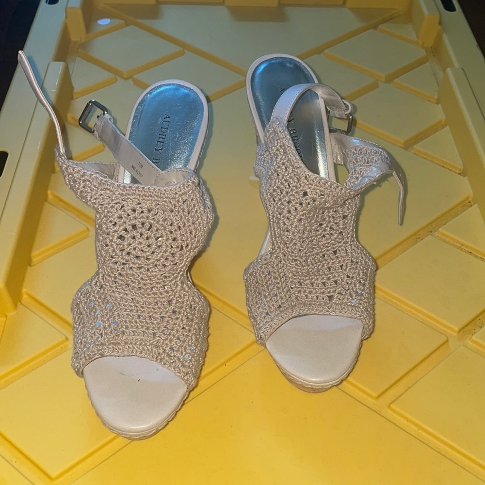 Beige crochet wedge sandals